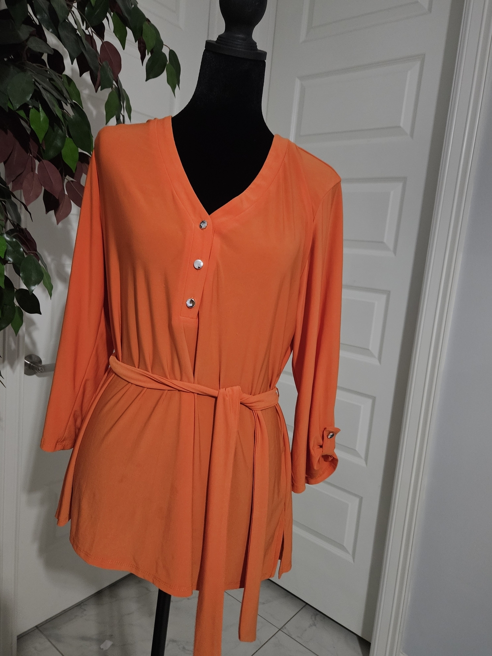 Ivy Ridge V-Neck Orange Tie-Waist Tunic with Button Detail